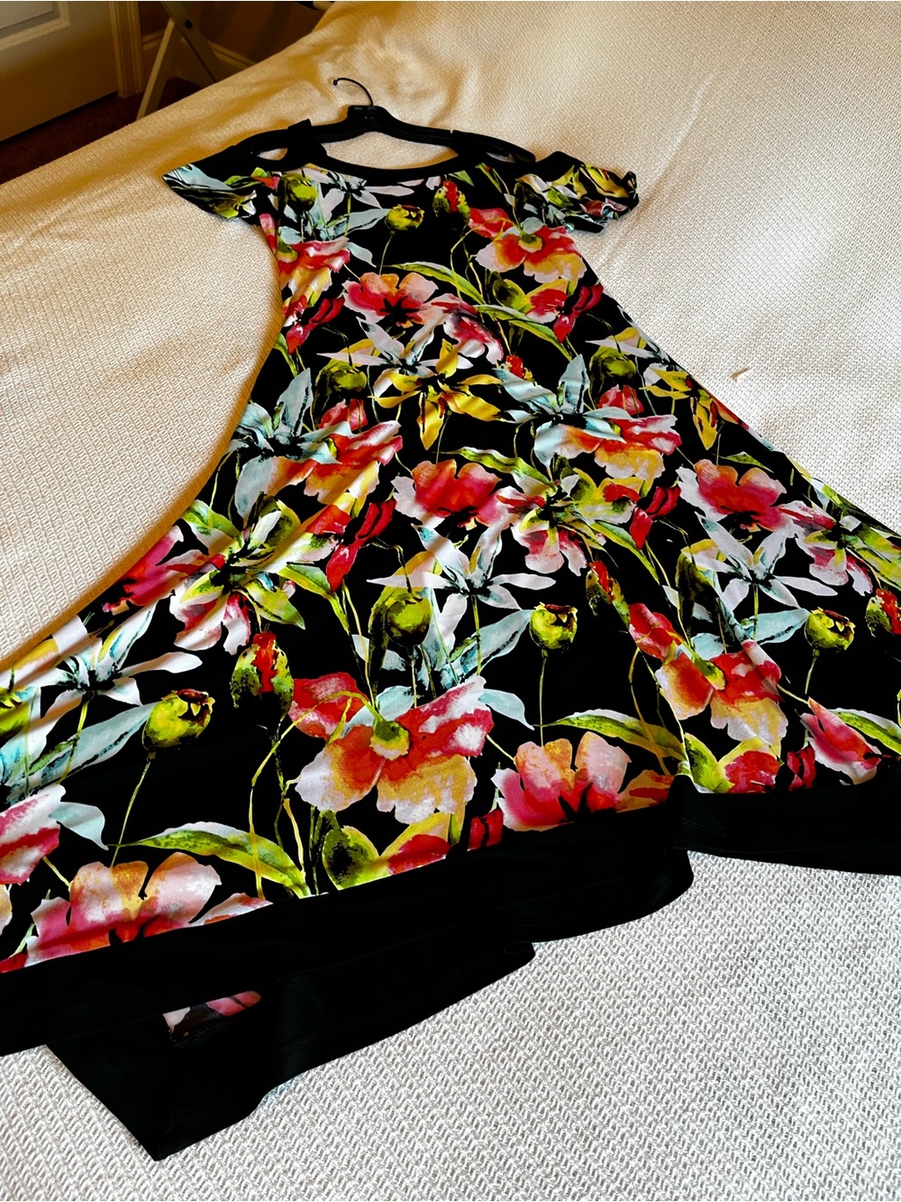 Rafaella Black Floral Asymmetrical Bare Shoulder Dress